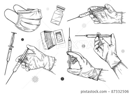 Set of various medical objects. Doctor's hand with a syringe in different positions. Vaccine, mask and syringe. Vector illustration Set of various medical objects. Doctor's hand with a syringe in different positions. Vaccine, mask and syringe. Vector illustration 87332506