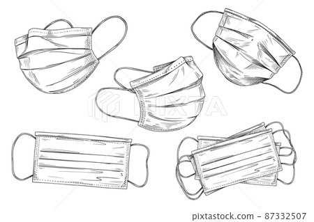 Surgical, Medical Face Mask that protects airborne diseases, viruses. Coronavirus. Defence from air pollution. Vector illustration Surgical, Medical Face Mask that protects airborne diseases, viruses. Coronavirus. Defence from air pollution. Vector illustration 87332507