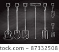 Set of different garden tools. Shovel, rake, pitchfork, spade. Vector illustration in sketch style 87332508