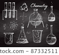 Set of different pharmaceutical flasks, beakers and test tubes. Sketch of chemical laboratory objects on a chalk board. 87332511