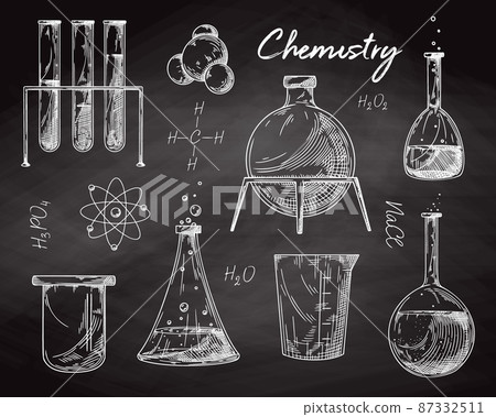 Set of different pharmaceutical flasks, beakers and test tubes. Sketch of chemical laboratory objects on a chalk board. 87332511