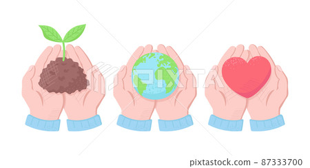 Illustration that carefully protects the sprout of plants, the earth, and the heart with both hands Environmental protection Eco Illustration that carefully protects the sprout of plants, the earth, and the heart with both hands Environmental protection Eco 87333700