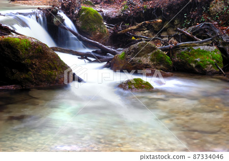 Long exposure view of a hidden river in Crimea, Ukraine. A stone set against a blurred water pattern is ideal for background use. Long exposure view of a hidden river in Crimea, Ukraine. A stone set against a blurred water pattern is ideal for background use. 87334046