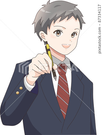 一個微笑的男學生用筆 Blazer 檢查學習 一個微笑的男學生用筆 Blazer 檢查學習 87334117