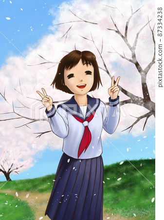 A high school girl in a sailor suit laughing with a double piece under a row of cherry blossom trees in full bloom A high school girl in a sailor suit laughing with a double piece under a row of cherry blossom trees in full bloom 87334238