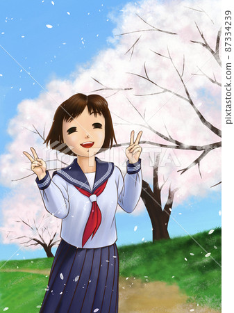 一排盛開的櫻花樹下,一個穿著水手服的女高中生拿著雙片笑著 一排盛開的櫻花樹下,一個穿著水手服的女高中生拿著雙片笑著 87334239