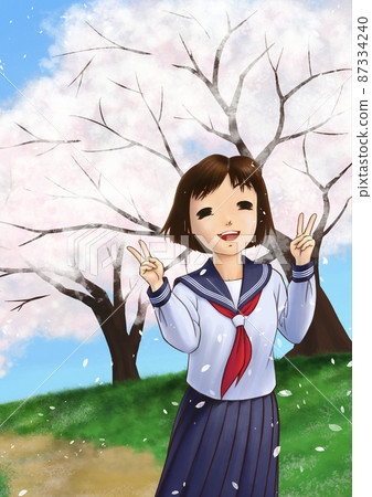 A high school girl in a sailor suit laughing with a double piece under a row of cherry blossom trees in full bloom 87334240