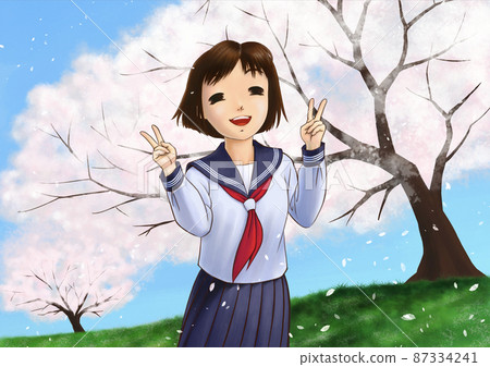 A high school girl in a sailor suit laughing with a double piece under a row of cherry blossom trees in full bloom 87334241