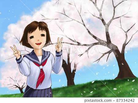 A high school girl in a sailor suit laughing with a double piece under a row of cherry blossom trees in full bloom 87334242