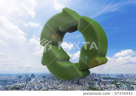 城市景觀和回收標誌圖像 87334442