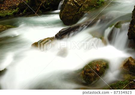 Long exposure view of a hidden river in Crimea, Ukraine. A stone set against a blurred water pattern is ideal for background use. 87334923