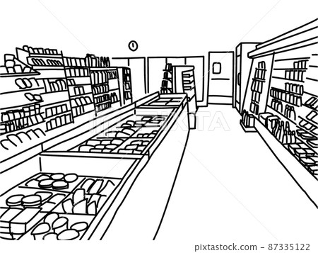 Line art illustration of a frozen showcase inside a convenience store Line art illustration of a frozen showcase inside a convenience store 87335122