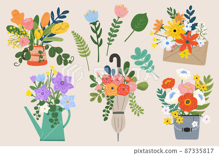 Set of flower bouquet with vases Set of flower bouquet with vases 87335817