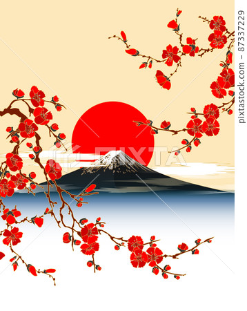 Mt. Fuji towering against the backdrop of the setting sun and quince flowers in full bloom 2 87337229