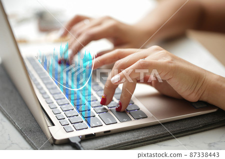 Woman hands typing keyboard laptop. Data search technology search engine optimization. 87338443