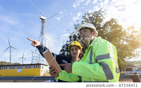 Engineers analysis windmill engineers inspection and progress check wind turbine. 87338451