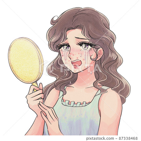 滿臉痘痘哭泣的女孩卡通風格的女人 87338468