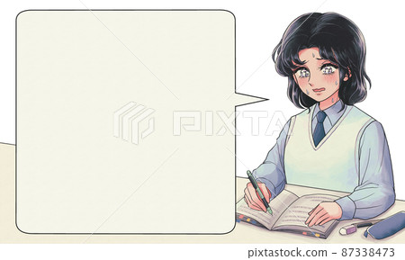 A girl cartoon-style student and a balloon taking notes while rushing 87338473