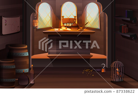 Pirate captain ship cabin wooden room interior Pirate captain ship cabin wooden room interior 87338622