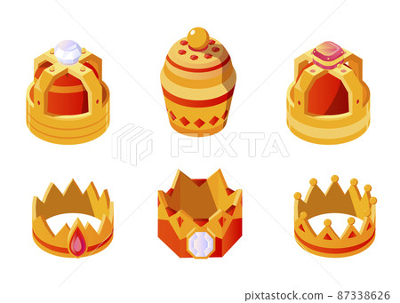 Isometric golden king or queen crown set with gems Isometric golden king or queen crown set with gems 87338626