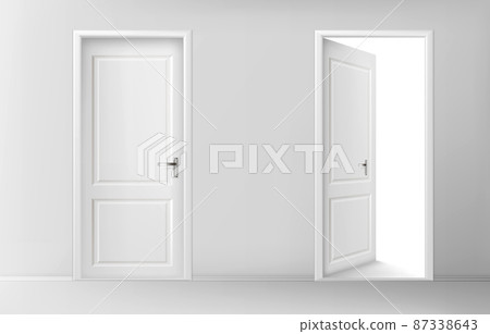 Open and closed white wooden doors 87338643