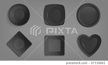 Top view of black different shapes bowls. Top view of black different shapes bowls. 87338661