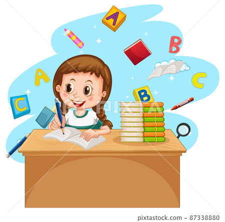 A girl doing homework with books on white background 87338880