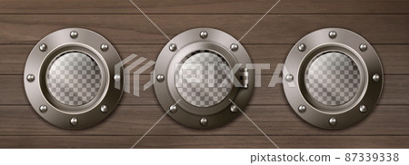 Realistic ship portholes on wooden wall 87339338
