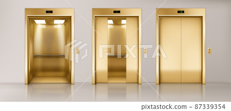 Office hallway with golden elevators 87339354