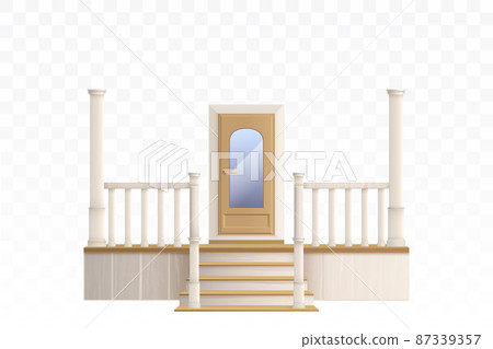 Wooden front door and porch staircase Wooden front door and porch staircase 87339357