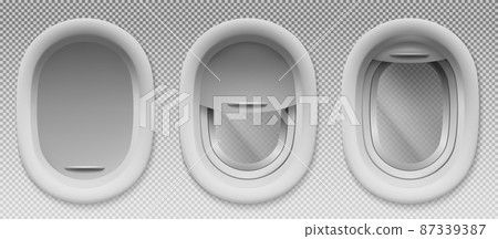 Airplane portholes with open and closed shade Airplane portholes with open and closed shade 87339387