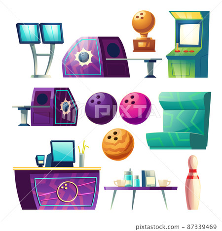 Bowling club equipment icons, design elements set 87339469