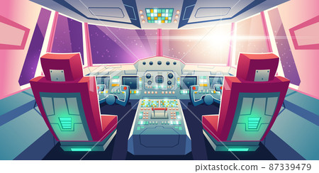 Jet cockpit, empty airplane cabin interior design Jet cockpit, empty airplane cabin interior design 87339479