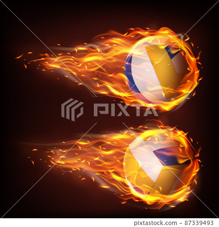 Volleyball balls flying in fire, falling in flame Volleyball balls flying in fire, falling in flame 87339493