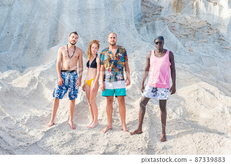 four friends in summer clothes posing standing on the beach four friends in summer clothes posing standing on the beach 87339883