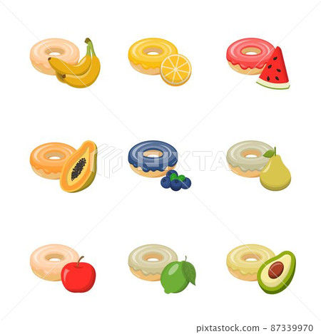 Set of fruit flavored donuts isolated on white background, delicious dessert, sweet icing dessert Set of fruit flavored donuts isolated on white background, delicious dessert, sweet icing dessert 87339970