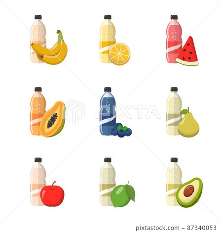 一套水果口味的汽水或果汁或碳酸飲料孤立在白色背景,酸甜的飲料 一套水果口味的汽水或果汁或碳酸飲料孤立在白色背景,酸甜的飲料 87340053