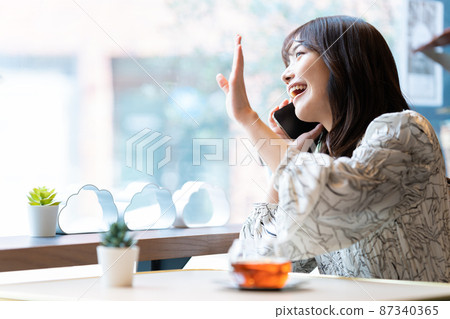 一位年輕女子向正在咖啡館見面的朋友揮手致意 一位年輕女子向正在咖啡館見面的朋友揮手致意 87340365