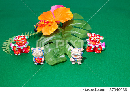 Taking a picture of a greenback, an Okinawa Shisa, and an artificial flower hibiscus 87340688