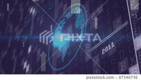 Image of arrows and financial data processing over black background Image of arrows and financial data processing over black background 87340736