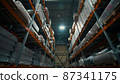 Shelves with Goods in Cardboard Boxes and Packages full of in retail warehouse. Logistics, Sorting and Distribution Facility for Product Delivery. Moving forward between rows of shelves camera 87341175