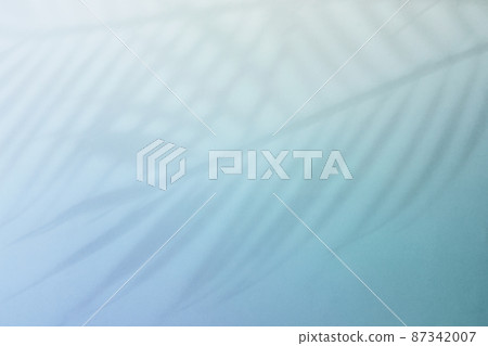 Natural palm leaves shadow on gradient paper background. Abstract blue and mint tropical backdrop. Soft light 87342007