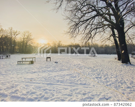 Winter sunset in snow covered park. Season and cold weather concept Winter sunset in snow covered park. Season and cold weather concept 87342062