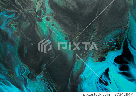 Fluid Art. Green, Black and blue abstract waves with golden particles. Marble effect background or texture Fluid Art. Green, Black and blue abstract waves with golden particles. Marble effect background or texture 87342947