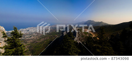Panorama of Northen Cyprus from the top of Saint Hilarion Castle,Kirenia, Northen Cyprus 87343098