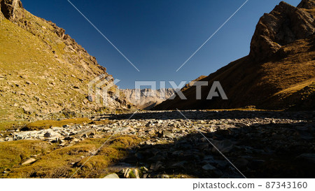 Sunset view to Tash-Rabat river and valley in Naryn province, Kyrgyzstan 87343160