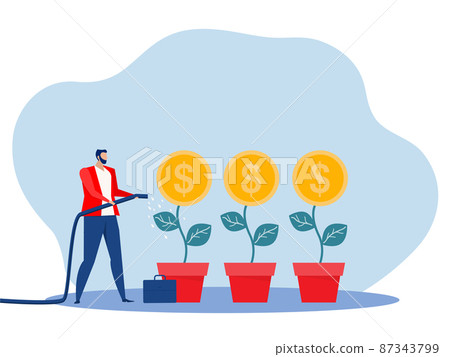 Businessman hand watering money tree business growth investment profit flat vector illustration. 87343799