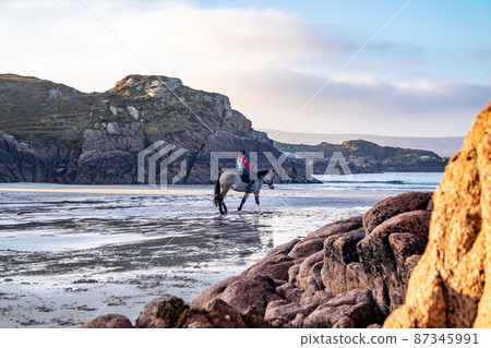 Horse riding at Cloughglass bay and beach by Burtonport in County Donegal - Ireland Horse riding at Cloughglass bay and beach by Burtonport in County Donegal - Ireland 87345991