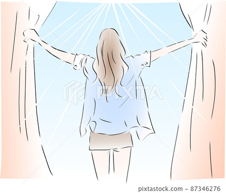 A woman who wakes up in the morning and opens the curtain 87346276
