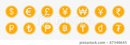 Vector golden coins with various currency symbols 87346645